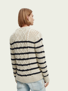 Scotch & Soda Mens Speckled Cable Crewneck Pullover In Cream/Navy Stripe -  FINAL SALE