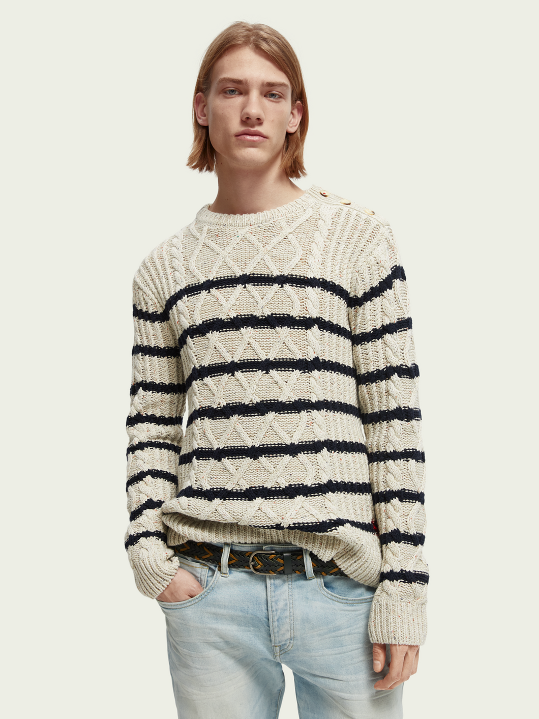 Scotch and Soda Mens Speckled Cable Crewneck Pullover In Cream/Navy Stripe -  FINAL SALE