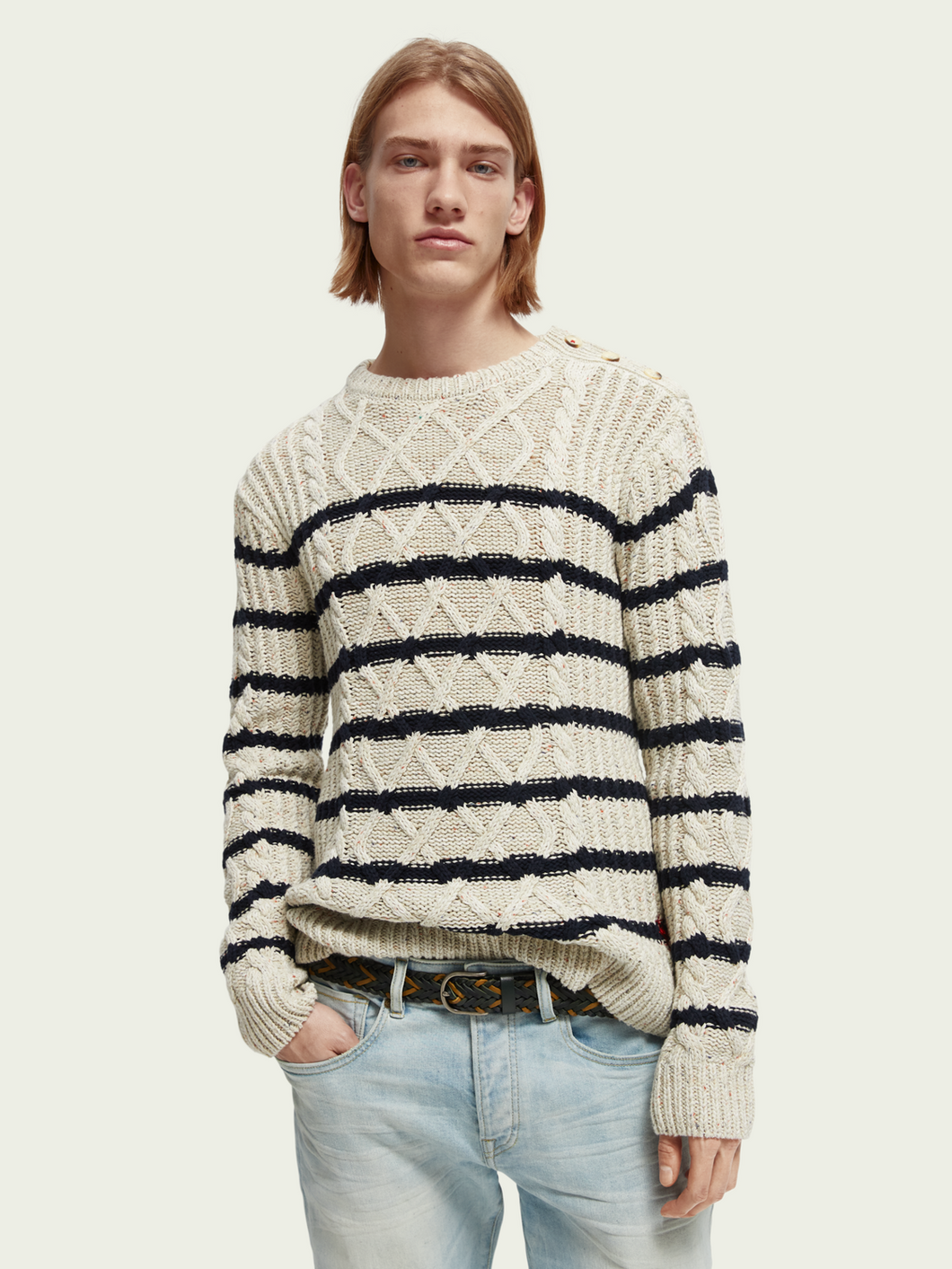 Scotch & Soda Mens Speckled Cable Crewneck Pullover In Cream/Navy Stripe -  FINAL SALE