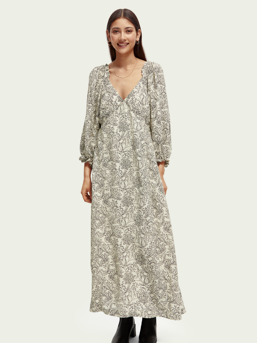 Scotch & Soda Easy Feminine 3/4 Sleeve Maxi in White/Black Floral - FINAL SALE