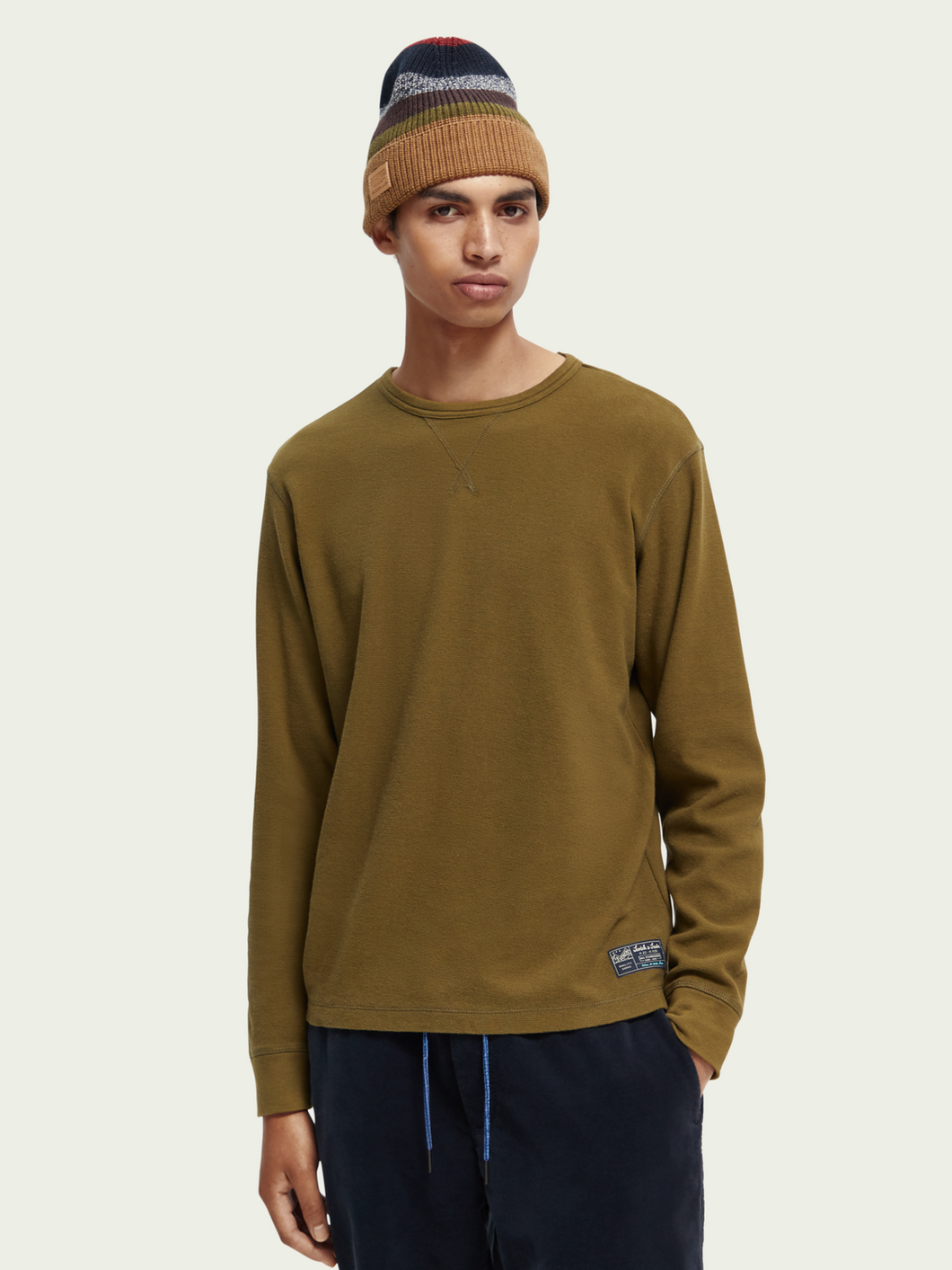 Scotch & Soda Mens Structured Waffle L/S Tee in Military - FINAL SALE