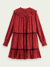 Load image into Gallery viewer, Scotch &amp; Soda Frilled Long Sleeve Dress W/ Smocked Collar in Space Floral Electric Red - FINAL SALE