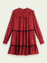 Load image into Gallery viewer, Scotch &amp; Soda Frilled Long Sleeve Dress W/ Smocked Collar in Space Floral Electric Red - FINAL SALE