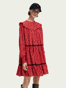 Scotch & Soda Frilled Long Sleeve Dress W/ Smocked Collar in Space Floral Electric Red - FINAL SALE