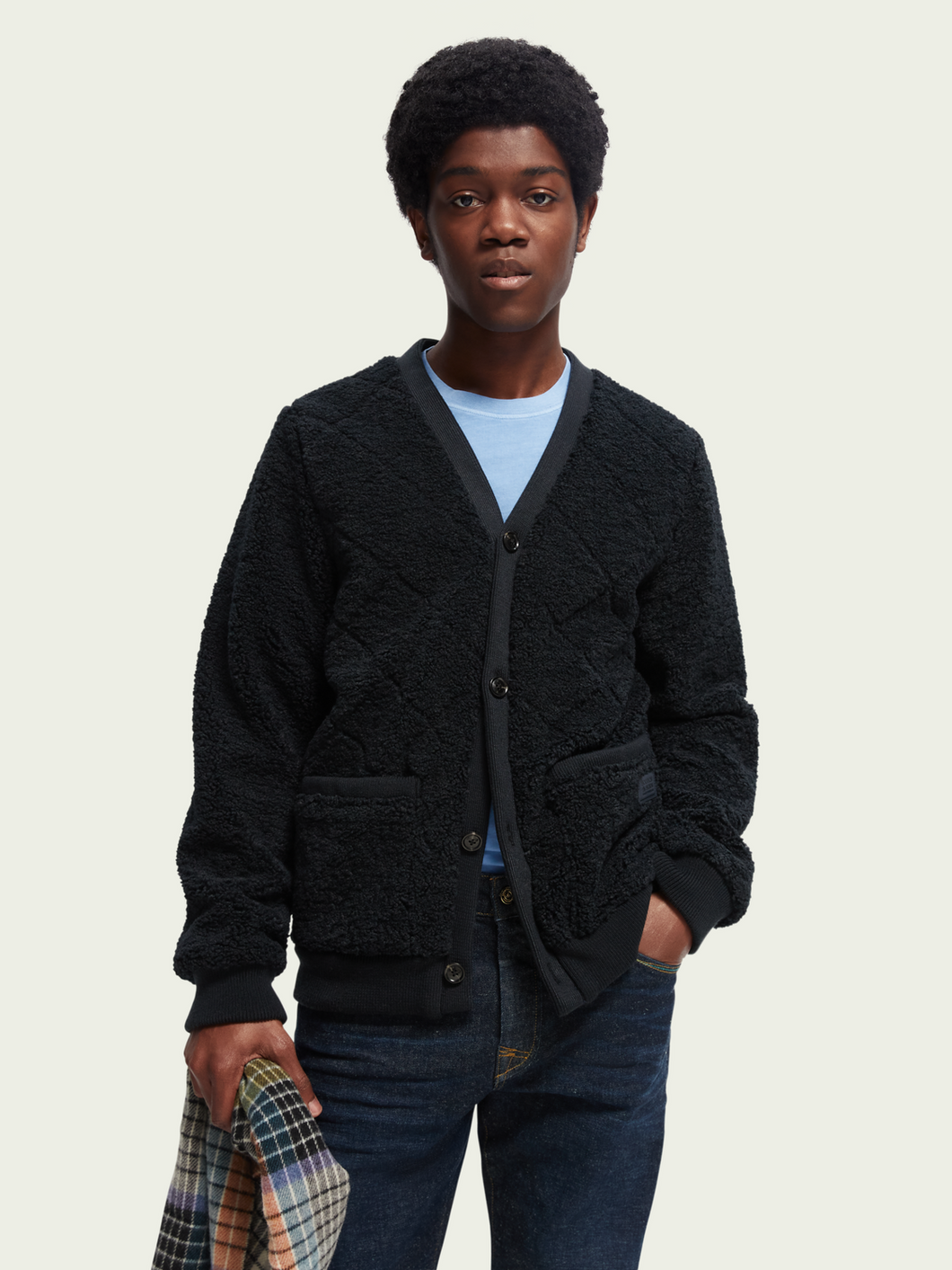 Scotch & Soda Mens Quilted Teddy Cardigan in Navy - FINAL SALE