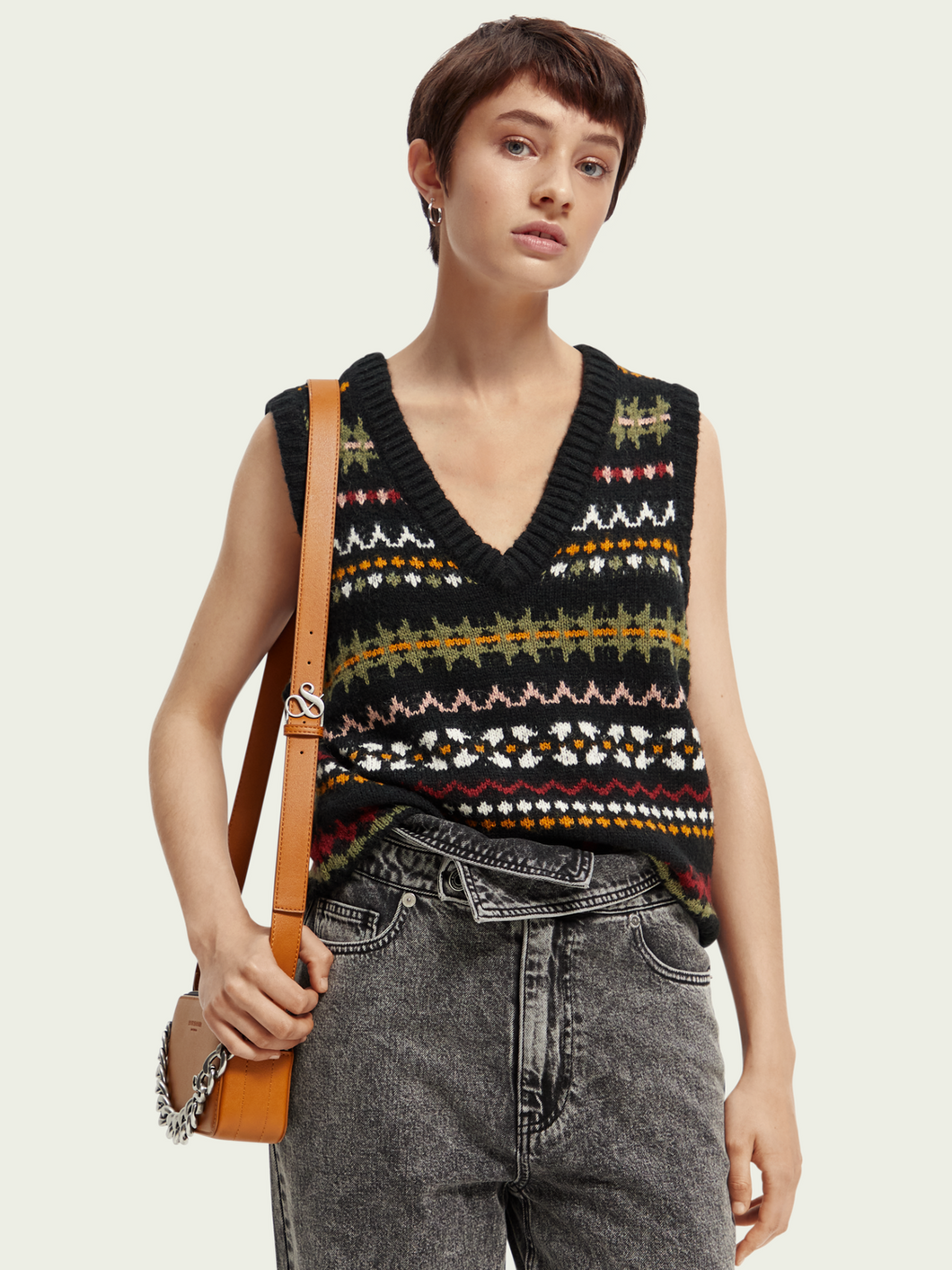 Scotch & Soda Fair Isle V-neck Relaxed Fit Knitted Vest in Black/Multi - FINAL SALE