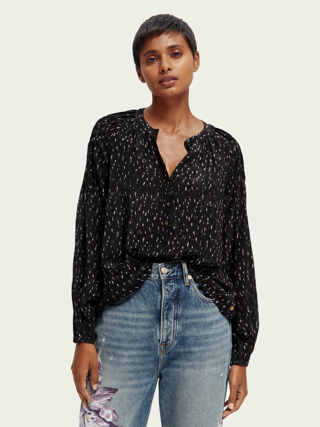 Scotch & Soda Popover Top w/Pintuck Sleeves in Ikat Print - FINAL SALE