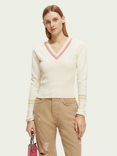 Load image into Gallery viewer, Scotch &amp; Soda Cable Neck V-neck Sweater in Vanilla White - FINAL SALE
